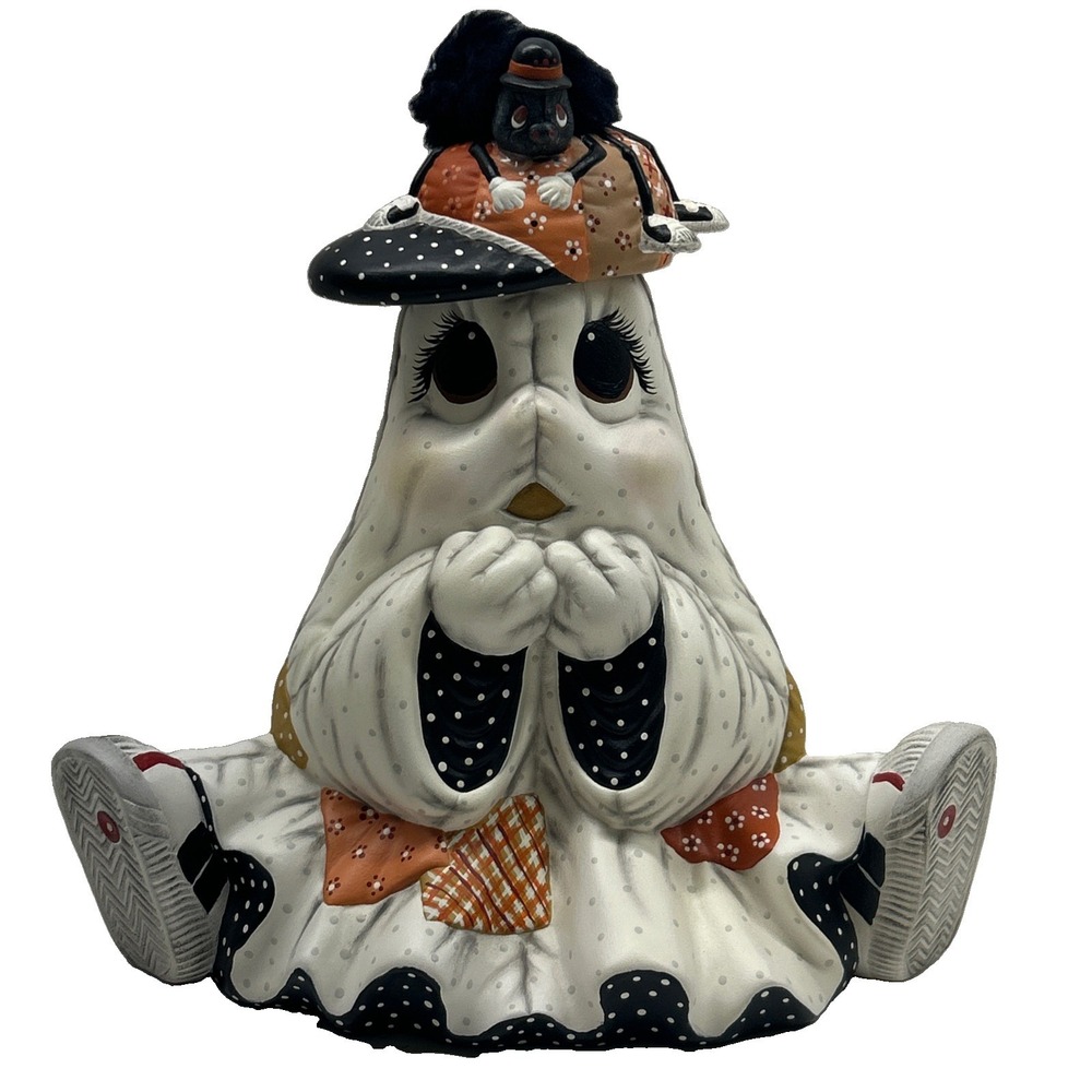 Vintage 1991 Ceramic Halloween Ghost Spider Figurine Handmade Signed Debby 91